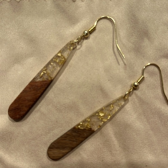 Natural Wood Patchwork  Foil Water Drop Earrings - Picture 2 of 4